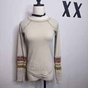 Vintage Free People Cream Thermal Crochet Cuff Top • Soft Girl Indie Fairy Y2K S